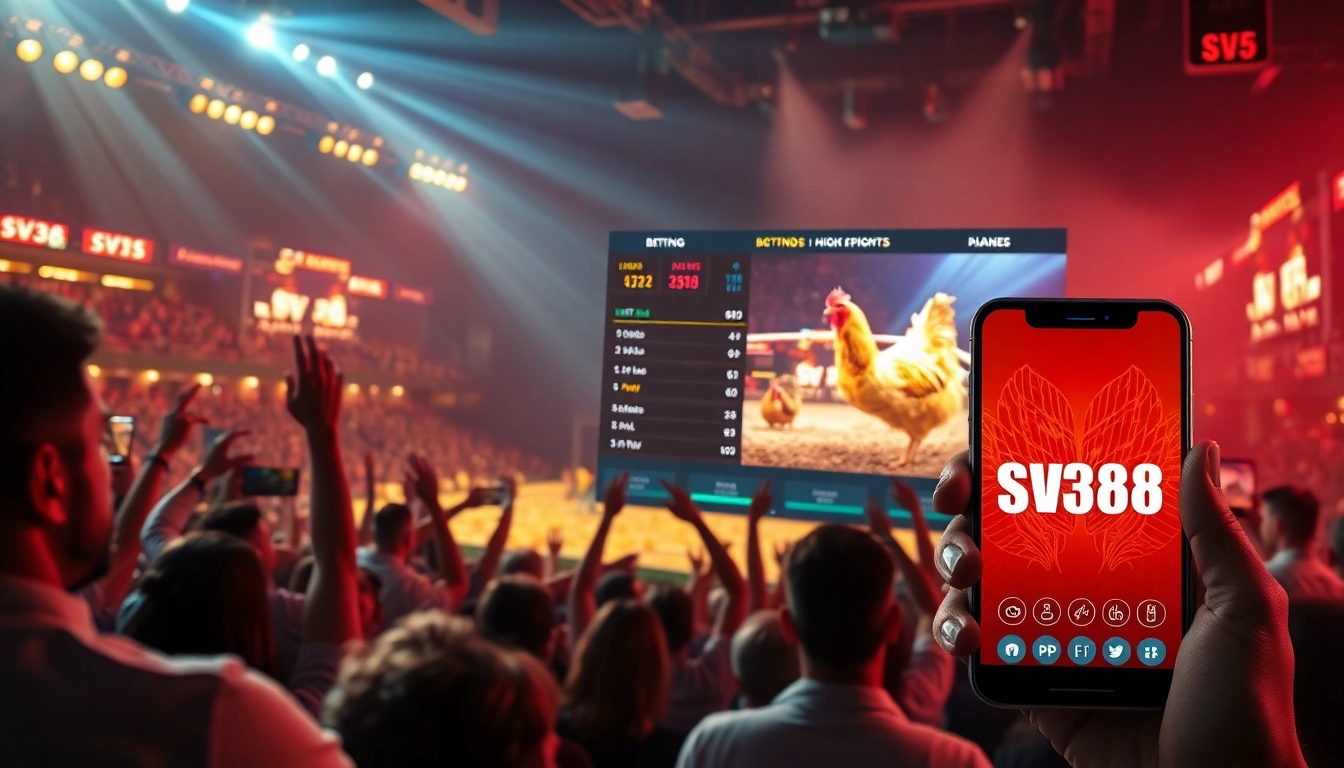 Dynamic online betting scene showcasing SV368's live chicken fights, vibrant display, and mobile app interaction.