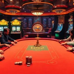 Engaged players at a luxurious poker table in a casino b52 atmosphere full of excitement.