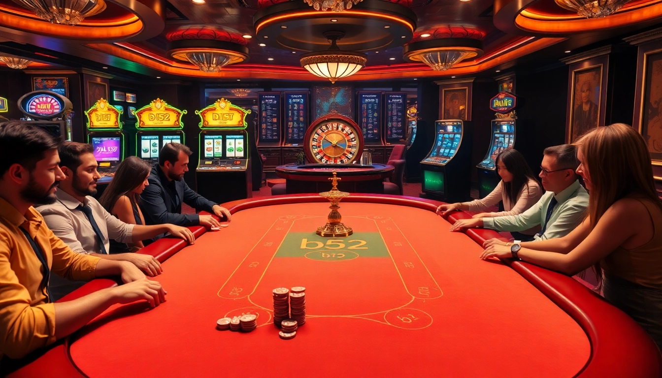 Engaged players at a luxurious poker table in a casino b52 atmosphere full of excitement.
