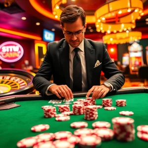 Experience the thrill of bdjl win at a luxurious casino table filled with cards and poker chips.