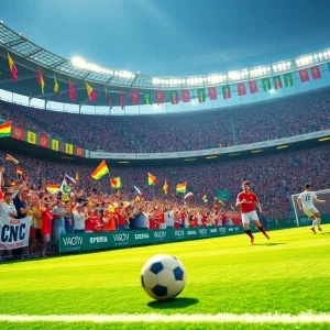 Dynamic football match action scene reflecting vaoluoitv streaming experience.