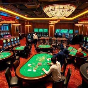 Bettors enjoying the dynamic sports betting experience at nhà cái thể thao UU88 with casino tables and slot machines.