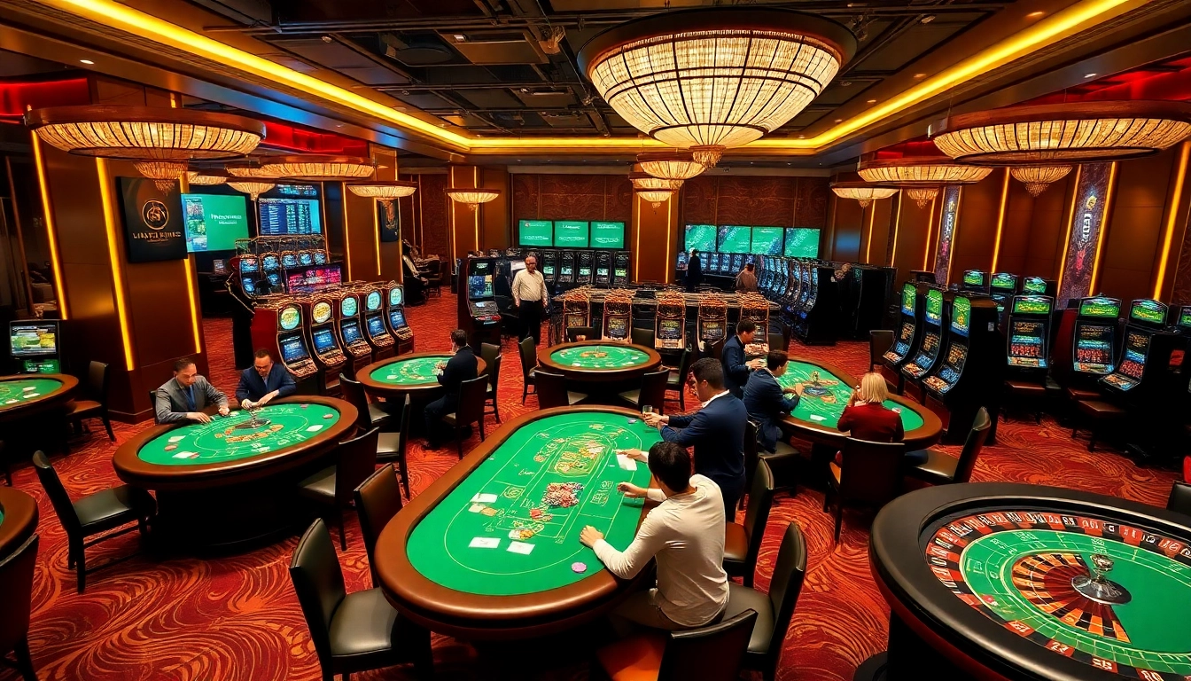 Bettors enjoying the dynamic sports betting experience at nhà cái thể thao UU88 with casino tables and slot machines.