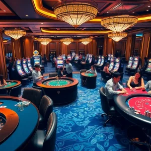 A vibrant scene of casino action at 8kbet, featuring players at poker and roulette tables amidst luxurious decor.