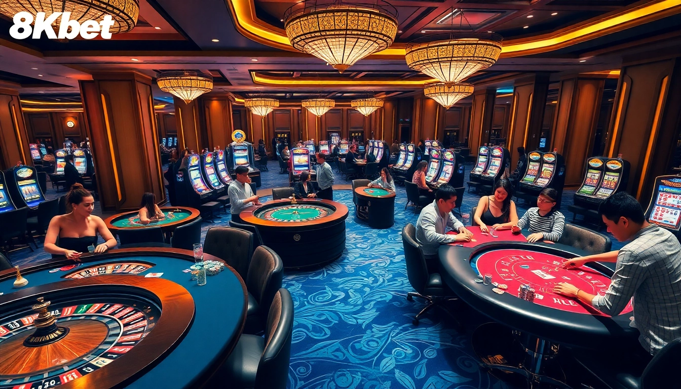 A vibrant scene of casino action at 8kbet, featuring players at poker and roulette tables amidst luxurious decor.