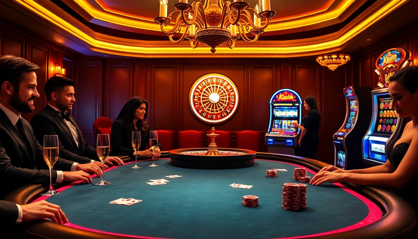 Kwin poker players enjoying a luxurious casino atmosphere with chips and cards.