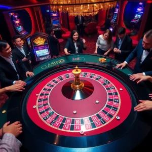 RR88 players engaging at an exciting roulette table in a luxurious casino setting.