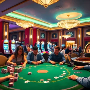 SIU88 Casino players engaging in poker with colorful chips and intense excitement.