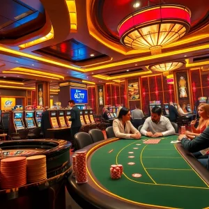 Players enjoying games at 6L777 casino with vibrant slot machines and roulette.