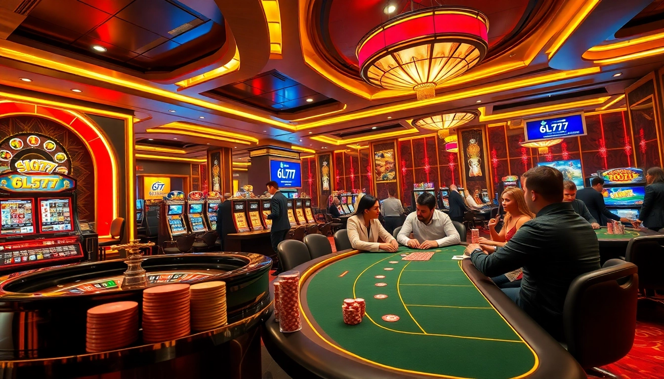 Players enjoying games at 6L777 casino with vibrant slot machines and roulette.