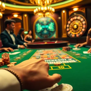 Players engage in an exciting blackjack game at a luxurious casino featuring go8 decor elements.