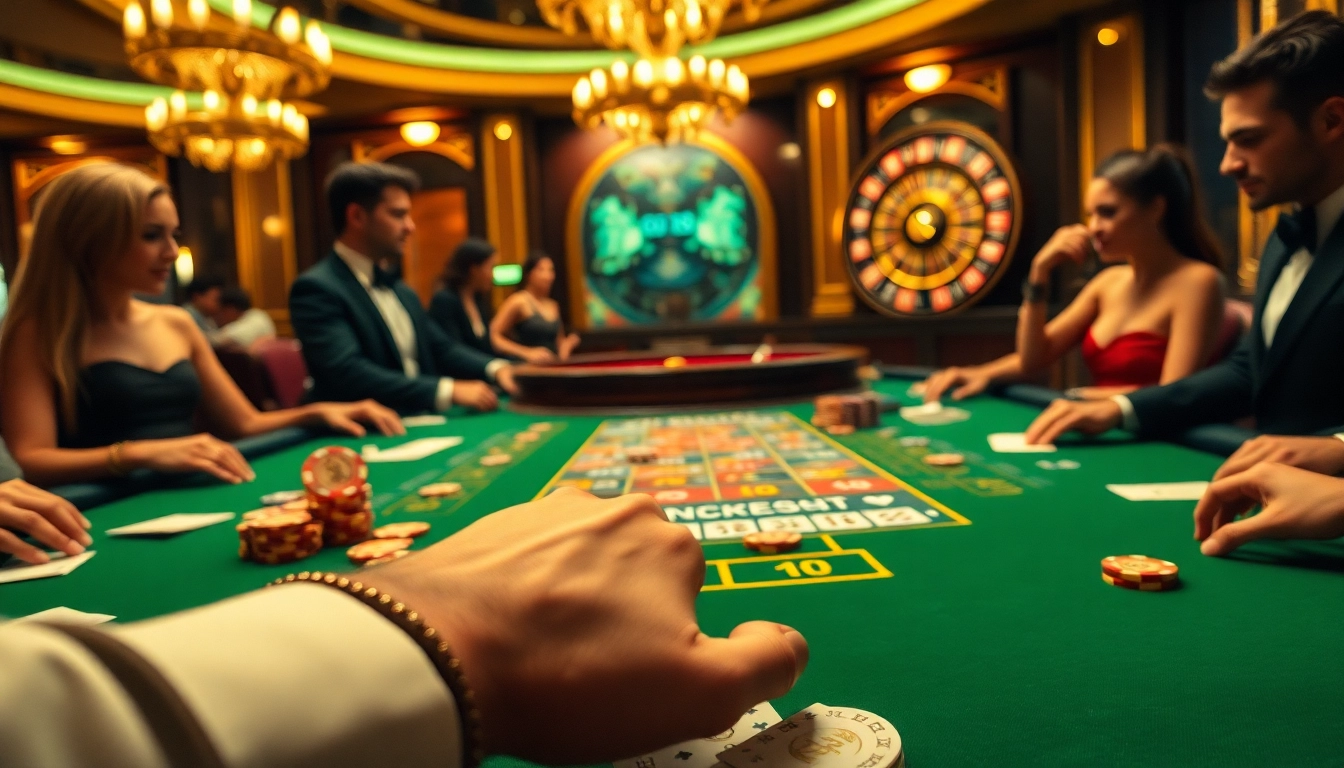 Players engage in an exciting blackjack game at a luxurious casino featuring go8 decor elements.