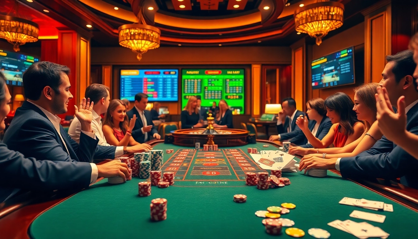 Excited players registering to win in a luxurious casino environment with vibrant tables and betting elements.