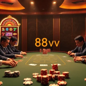 Experience thrilling gameplay with 88vv at an upscale casino featuring poker tables, roulette wheels, and vibrant slot machines.