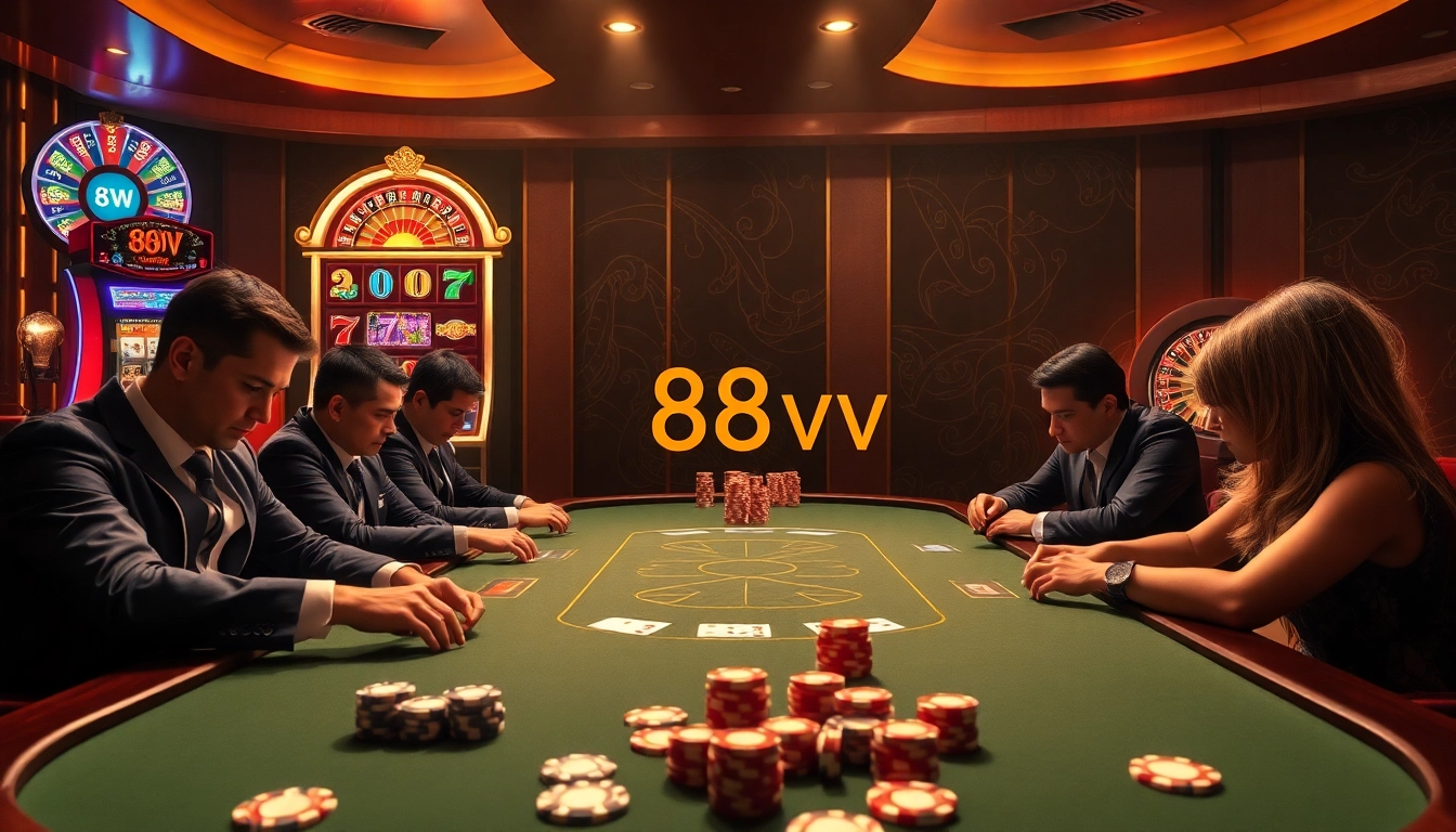 Experience thrilling gameplay with 88vv at an upscale casino featuring poker tables, roulette wheels, and vibrant slot machines.