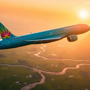 Vietnam Airlines VN168 soaring through the sky above Vietnam's stunning landscapes.