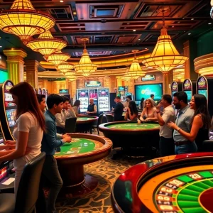 Excited gamblers engaging with interactive slots and poker games at 39bet.com casino.