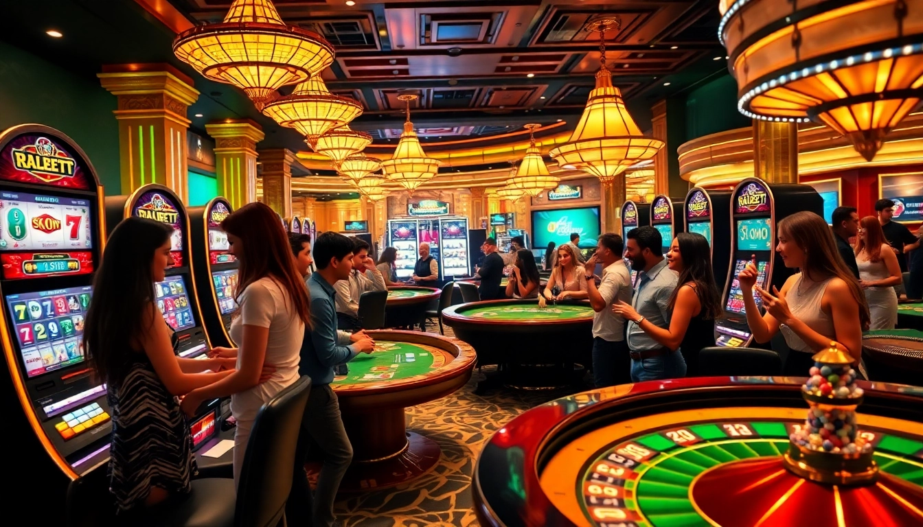 Excited gamblers engaging with interactive slots and poker games at 39bet.com casino.
