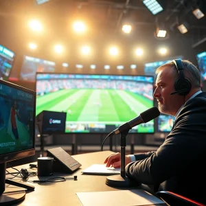 Engaging sports broadcasting setup featuring a commentator, studio equipment, and dynamic lighting.