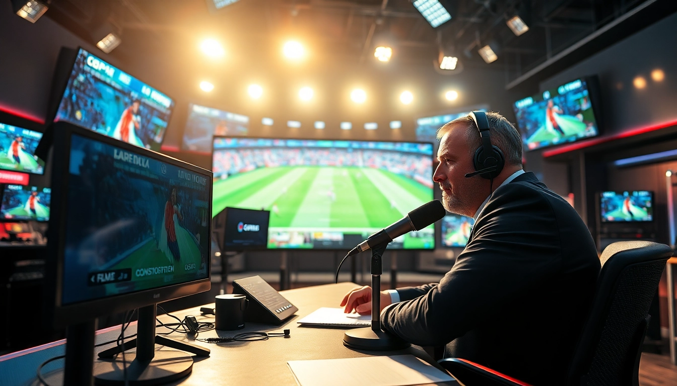 Engaging sports broadcasting setup featuring a commentator, studio equipment, and dynamic lighting.