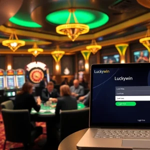 Experience the thrill of luckywin login at an elegant casino, showcasing vibrant games and high-stakes players.