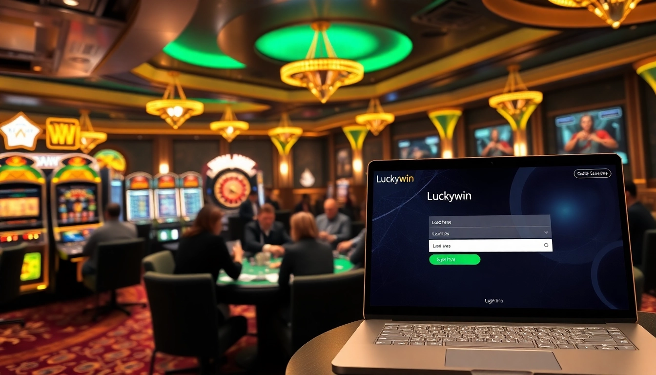 Experience the thrill of luckywin login at an elegant casino, showcasing vibrant games and high-stakes players.