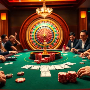Players enjoying a lively game at a luxurious KP88 casino table with poker chips and cards.