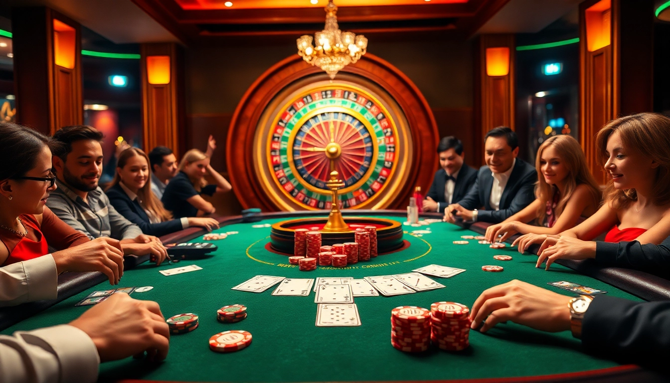 Players enjoying a lively game at a luxurious KP88 casino table with poker chips and cards.