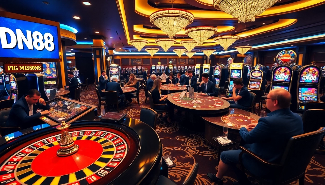 Players enjoy thrilling games at DN88 casino, highlighting poker chips and roulette