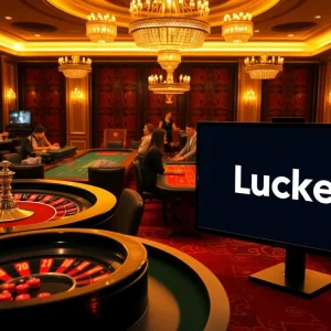 Thrilling game atmosphere at Luck8 casino with roulette, cards, and players.