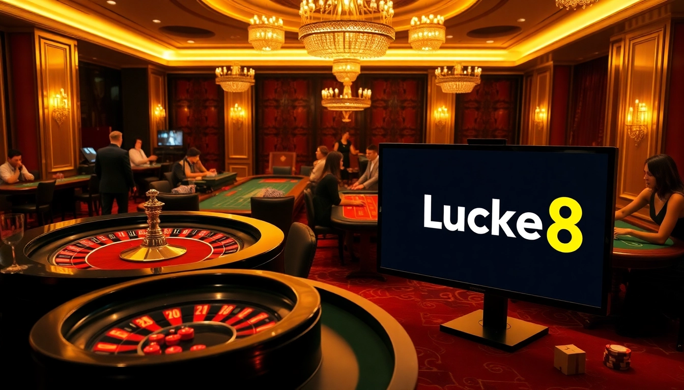 Thrilling game atmosphere at Luck8 casino with roulette, cards, and players.
