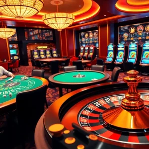 A dynamic casino scene featuring poker tables and a roulette wheel reflecting the excitement of 98win gaming.