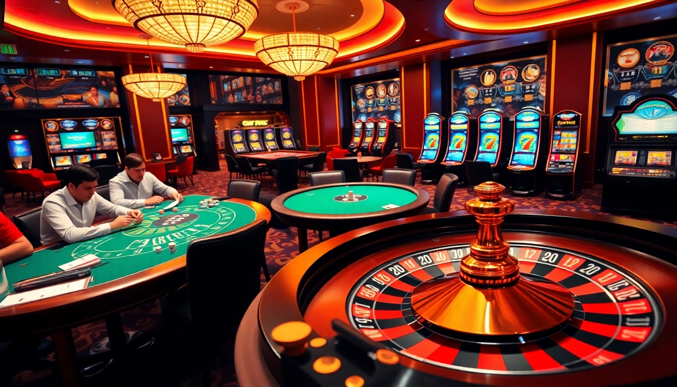 A dynamic casino scene featuring poker tables and a roulette wheel reflecting the excitement of 98win gaming.