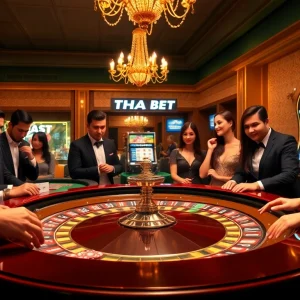 Players engaging at THA BET casino table, experiencing the thrill of gambling excitement.