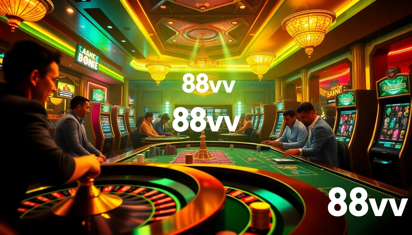 Play exciting games at 88vv casino with vibrant roulette and poker scenes.