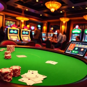 Excited players enjoying a gaming experience at 789f casino with poker chips and slot machines.