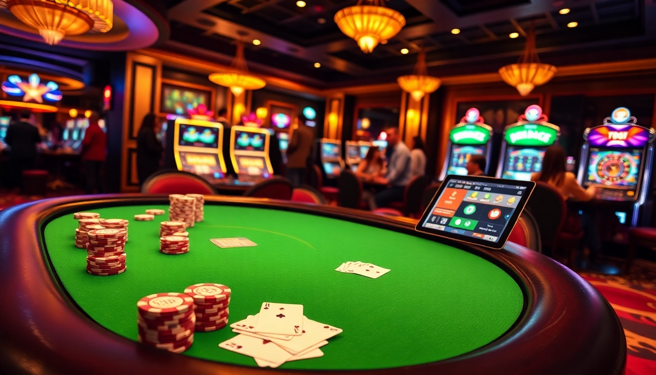 Excited players enjoying a gaming experience at 789f casino with poker chips and slot machines.