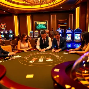 Players enjoying baccarat at a luxurious casino with 222bd themed decor and vibrant atmosphere.