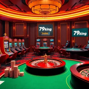 Experience the thrill of 79king with stacked poker chips and an elegant roulette wheel.
