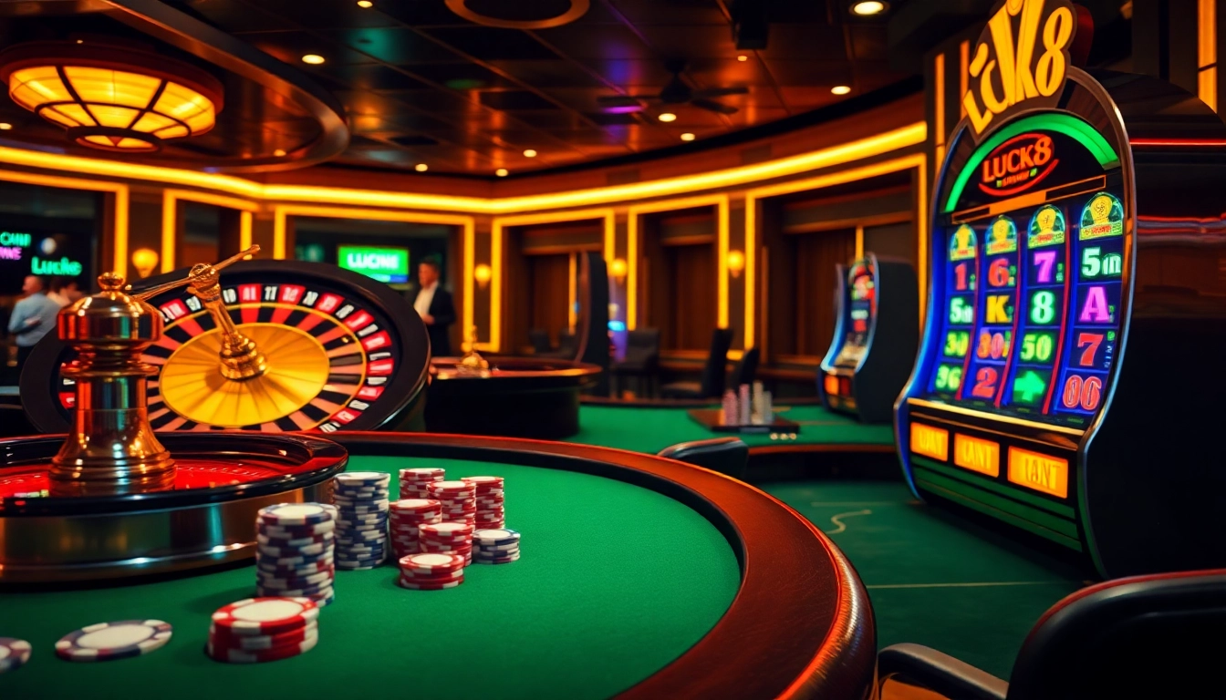 Engage with high-stake gameplay at LUCK8 casino, featuring a dynamic roulette wheel and vibrant poker chips.