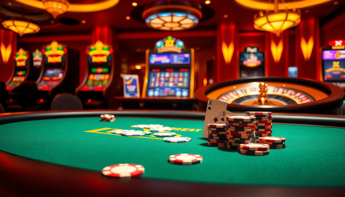 Experience the thrill of winning at 8xbet's vibrant casino with poker tables and slot machines.