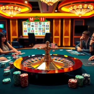 Experience thrilling gameplay at http://33winn.gold/ with vibrant casino tables, poker chips, and roulette wheels.