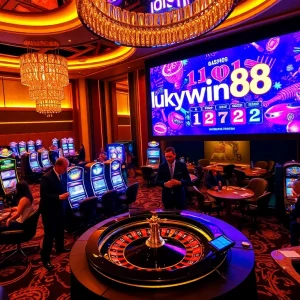Experience the excitement of luckywin88 with vibrant casino games, roulette wheels, and delighted players.
