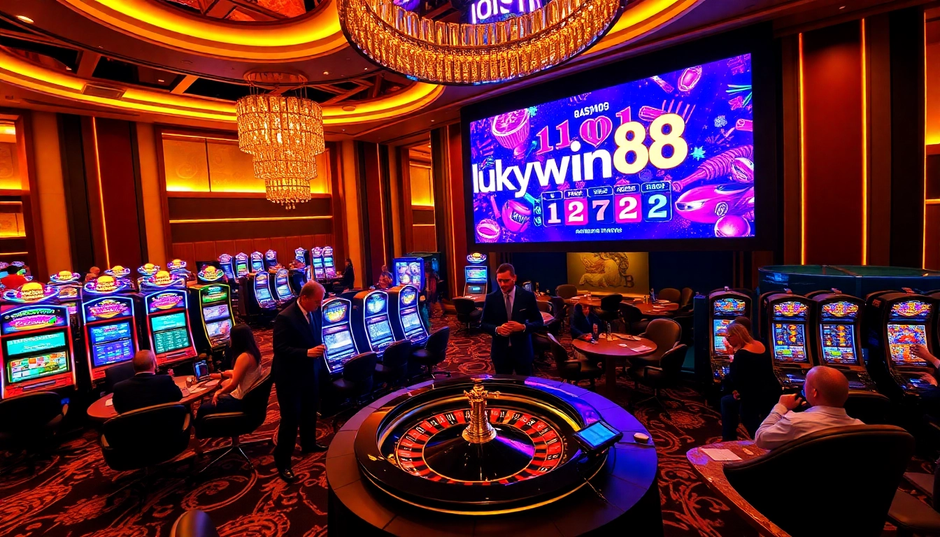 Experience the excitement of luckywin88 with vibrant casino games, roulette wheels, and delighted players.