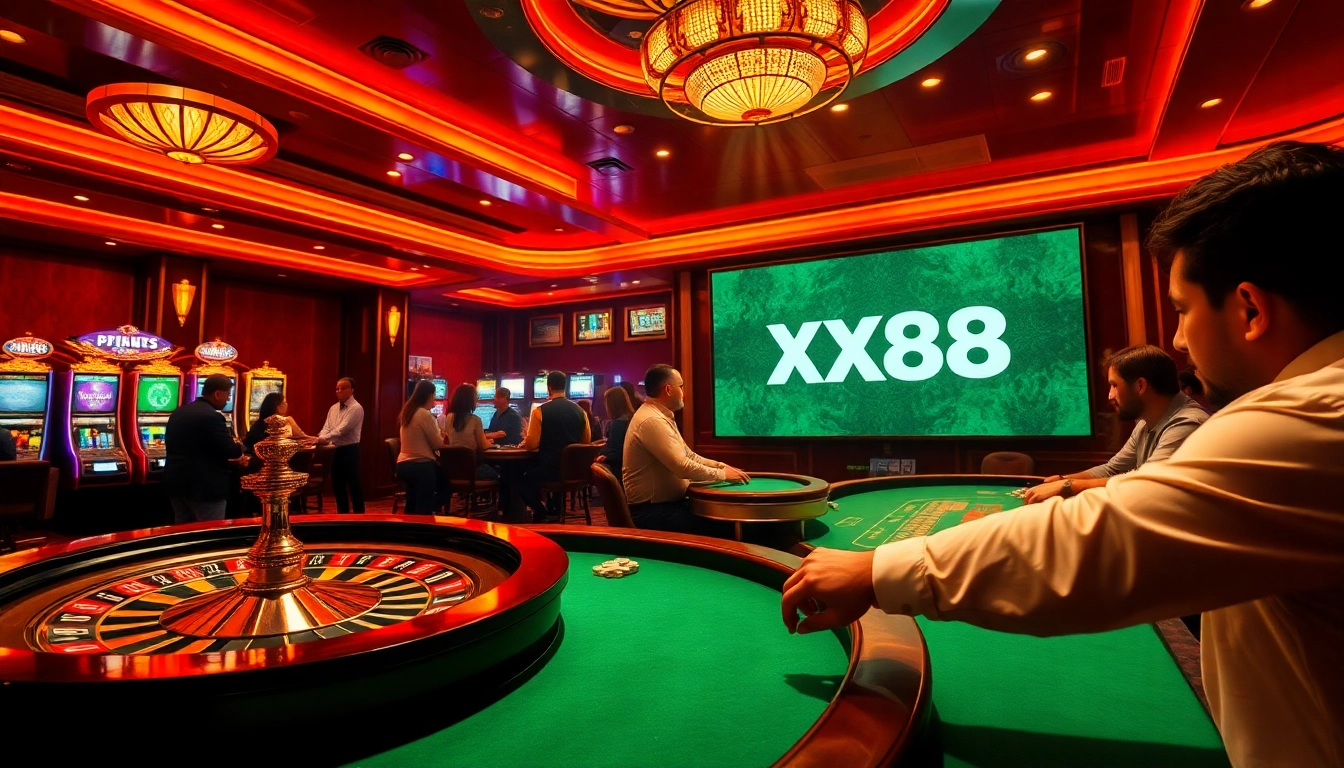 Exciting casino atmosphere showcasing XX88 poker action with vibrant lighting and luxury elements.