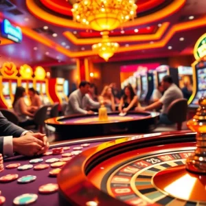 Players enjoy high-stakes poker at a luxurious casino table featuring nk88 chips and cards.