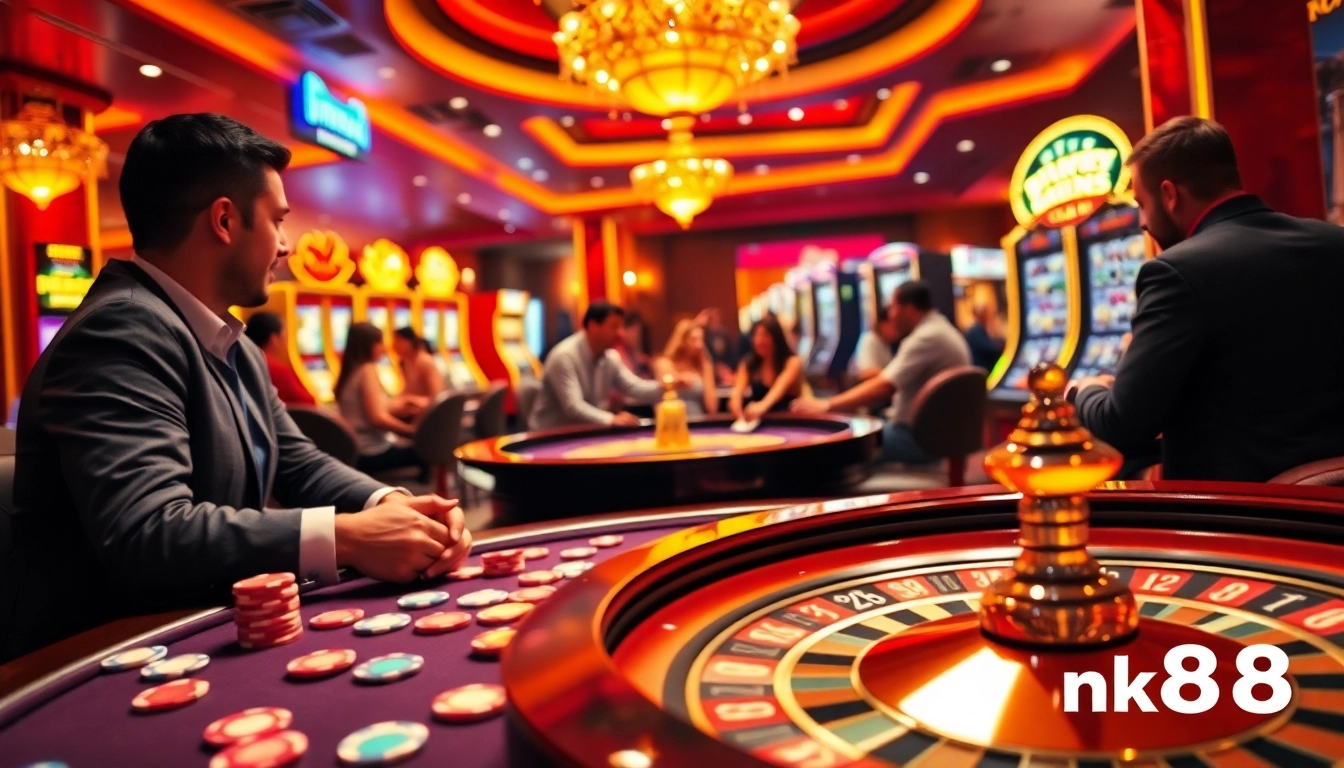 Players enjoy high-stakes poker at a luxurious casino table featuring nk88 chips and cards.