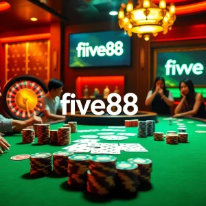 Experience the excitement of five88 at a vibrant casino table with cards and chips.