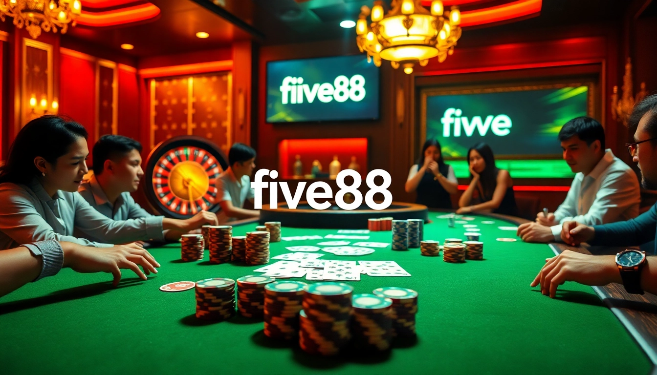 Experience the excitement of five88 at a vibrant casino table with cards and chips.