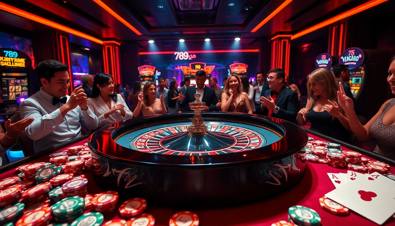 Players enjoying a thrilling game at 789club's vibrant casino with roulette and cards.
